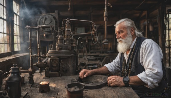 solo,shirt,long sleeves,1boy,jewelry,sitting,closed mouth,white shirt,white hair,male focus,day,collared shirt,indoors,necklace,blurry,vest,cup,window,facial hair,chair,table,sunlight,knife,steam,beard,sleeves rolled up,smoke,watch,black vest,spoon,mustache,clock,wristwatch,lamp,old,old man,pocket watch,upper body,necktie,from side,lips,grey eyes,book,dress shirt,profile,depth of field,blurry background,chain,desk,light rays,paper,realistic,nose,scroll,book stack,gears,sleeves pushed up,map,steampunk,wrinkled skin