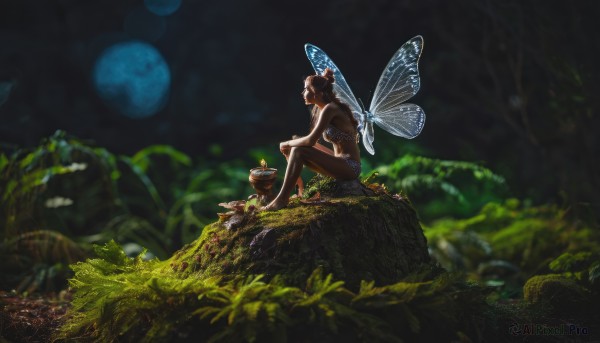 1girl,solo,long hair,breasts,brown hair,black hair,bare shoulders,sitting,swimsuit,braid,bikini,outdoors,food,wings,barefoot,pointy ears,hair bun,blurry,from side,tree,profile,night,depth of field,moon,grass,bug,plant,nature,scenery,full moon,forest,minigirl,basket,fairy wings,fairy,mushroom,butterfly wings,moonlight,tree stump,short hair,hair ornament,shorts,midriff,fruit,back,sandals,single hair bun,bowl,rock,wide shot,moss