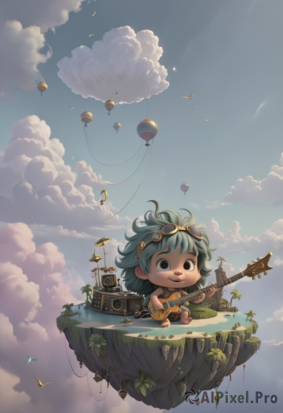 1girl,solo,smile,short hair,brown eyes,sitting,outdoors,green hair,sky,shorts,barefoot,day,cloud,water,chibi,black eyes,tree,blue sky,bird,cloudy sky,grass,plant,goggles,instrument,scenery,goggles on head,aircraft,music,guitar,cable,balloon,playing instrument,holding instrument,speaker,1boy,blue hair,male focus,no humans