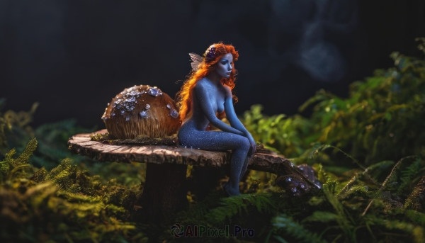 1girl,solo,long hair,breasts,blue eyes,hair ornament,medium breasts,sitting,nipples,nude,red hair,outdoors,water,orange hair,blurry,lips,completely nude,depth of field,blurry background,colored skin,grass,monster girl,nature,rock,realistic,blue skin,scales,head fins,mushroom,very long hair,closed eyes,braid,flower,barefoot,pointy ears,hair flower,plant,forest,freckles,shell,tree stump,log,sitting on rock