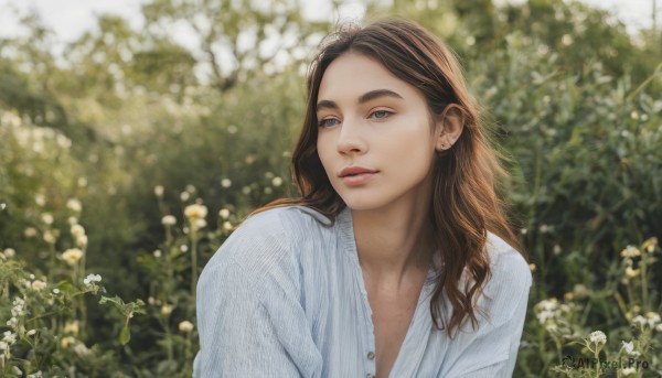 1girl,solo,long hair,looking at viewer,blue eyes,brown hair,shirt,jewelry,white shirt,upper body,flower,earrings,outdoors,parted lips,day,artist name,signature,blurry,lips,depth of field,blurry background,freckles,realistic,nose,stud earrings,open clothes,open shirt,unbuttoned,partially unbuttoned