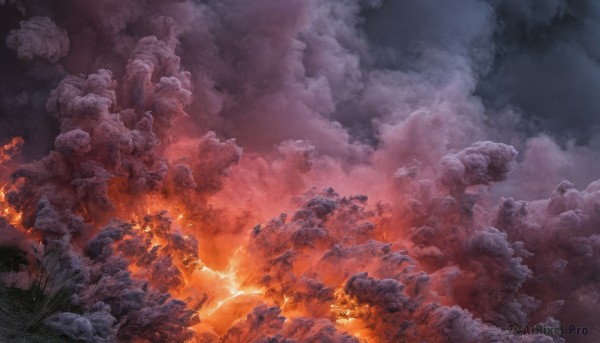 outdoors,sky,cloud,no humans,cloudy sky,fire,scenery,smoke,rock,molten rock,nature