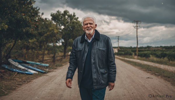 solo,looking at viewer,smile,open mouth,shirt,long sleeves,1boy,standing,jacket,white hair,grey hair,male focus,outdoors,open clothes,sky,day,pants,cloud,signature,blurry,open jacket,tree,black jacket,blurry background,facial hair,parody,sunglasses,cloudy sky,denim,jeans,realistic,mustache,arms at sides,road,bench,bald,leather,old,lamppost,old man,leather jacket,photo background,park bench,park,denim jacket,depth of field,scar,black pants,facing viewer,scar on face,meme,blue pants