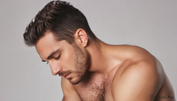 solo,short hair,simple background,brown hair,black hair,1boy,closed mouth,closed eyes,upper body,male focus,nude,grey background,muscular,facial hair,pectorals,muscular male,portrait,bara,beard,topless male,sideburns,mature male,realistic,stubble,chest hair,arm hair,hairy,thick eyebrows,manly