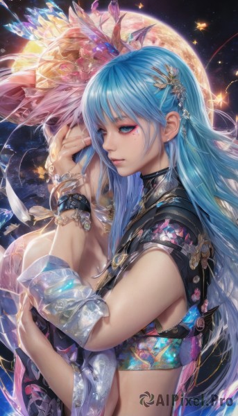 1girl,solo,long hair,breasts,looking at viewer,bangs,blue eyes,hair ornament,jewelry,blue hair,upper body,earrings,midriff,nail polish,mole,bracelet,from side,lips,crop top,fingernails,eyelashes,mole under eye,hug,makeup,moon,gem,full moon,crystal,mascara,1boy,artist name,watermark,facial mark,ring,feathers,eyeshadow,realistic