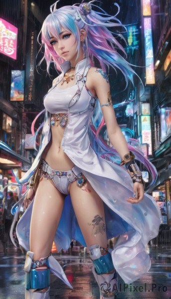 1girl,solo,long hair,breasts,looking at viewer,bangs,blue eyes,hair ornament,navel,bare shoulders,jewelry,medium breasts,underwear,blue hair,standing,panties,ponytail,pink hair,multicolored hair,earrings,boots,outdoors,parted lips,open clothes,sleeveless,midriff,necklace,stomach,bracelet,two-tone hair,lips,tattoo,gradient hair,night,piercing,ring,building,armlet,science fiction,city,realistic,leg tattoo,toeless footwear,city lights,hair between eyes,very long hair,closed mouth,swimsuit,ahoge,bikini,choker,belt,artist name,coat,makeup,watermark,knee boots,ear piercing,web address,rain,open coat,arms at sides,road,street,neon lights