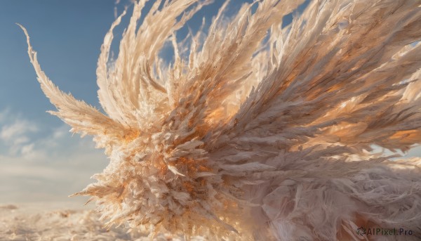 1girl,solo,long hair,dress,white hair,outdoors,wings,sky,day,cloud,blue sky,no humans,cloudy sky,scenery,feathered wings,flying,angel wings,fantasy,angel,multiple wings,large wings,short hair,closed eyes,barefoot,outstretched arms,rock,white wings