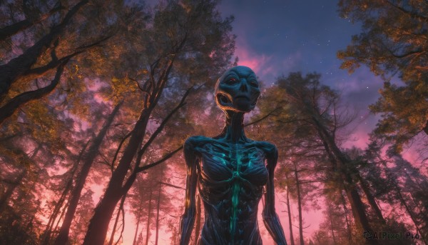 1girl, solo, red eyes, outdoors, sky, tree, no humans, night, star (sky), nature, night sky, scenery, forest, starry sky, sunset, monster, alien, horror (theme)