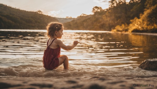 1girl,solo,short hair,brown hair,black hair,dress,bare shoulders,sitting,closed eyes,outdoors,sky,sleeveless,day,water,from behind,blurry,from side,tree,wet,profile,sleeveless dress,depth of field,blurry background,ocean,red dress,child,nature,scenery,rock,mountain,female child,soaking feet,river,lake,partially submerged,reflection,sunset,evening