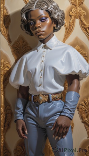 1girl,solo,looking at viewer,short hair,shirt,black hair,jewelry,standing,purple eyes,white shirt,short sleeves,grey hair,cowboy shot,earrings,parted lips,collared shirt,belt,pants,dark skin,dark-skinned female,lips,fingernails,makeup,capelet,buttons,shadow,denim,eyeshadow,jeans,blue pants,shirt tucked in,brown belt,very dark skin,white nails,high-waist pants,closed mouth,shiny,shiny hair,lipstick