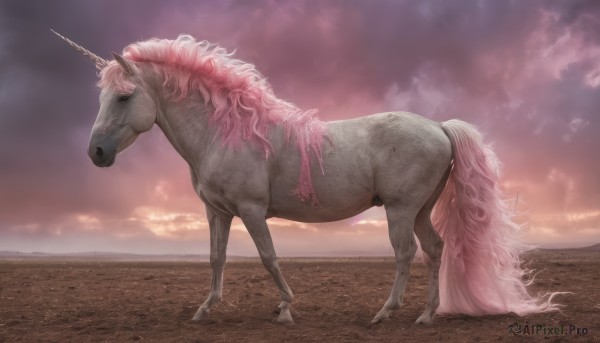 solo,standing,full body,pink hair,outdoors,horns,sky,cloud,from side,no humans,animal,cloudy sky,single horn,sunset,realistic,animal focus,horse,unicorn,pokemon (creature)