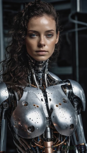 1girl,solo,long hair,breasts,looking at viewer,blue eyes,large breasts,brown hair,medium breasts,closed mouth,upper body,dark skin,blurry,lips,bodysuit,blurry background,wavy hair,robot,breasts apart,freckles,science fiction,curly hair,realistic,android,joints,cable,cyborg,robot joints,mechanical parts,black hair,nipples,nude,shiny,expressionless,forehead,cyberpunk