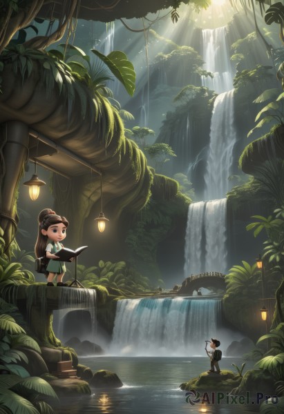 1girl,long hair,smile,brown hair,black hair,1boy,holding,brown eyes,standing,ponytail,outdoors,pointy ears,water,bag,hair bun,looking at another,black eyes,tree,book,leaf,sunlight,single hair bun,backpack,plant,nature,scenery,forest,holding book,light rays,lantern,open book,fantasy,reading,light,lamp,sunbeam,waterfall,cave,hat,dress,staff,child,green dress,vines,fishing rod,moss