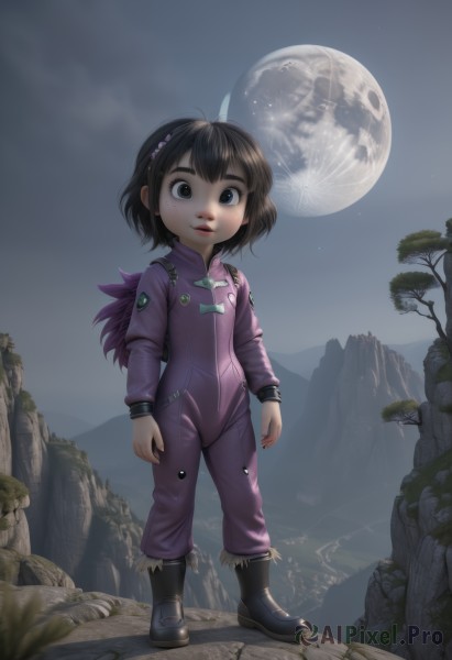 1girl,solo,looking at viewer,short hair,brown hair,black hair,hair ornament,long sleeves,brown eyes,standing,full body,hairband,boots,outdoors,parted lips,sky,black footwear,black eyes,tree,lips,bodysuit,night,moon,child,night sky,full moon,freckles,female child,jumpsuit,pink bodysuit,blue eyes