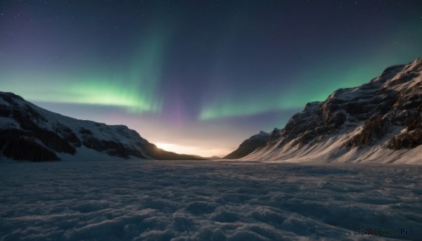 outdoors,sky,water,no humans,night,ocean,beach,star (sky),night sky,scenery,starry sky,mountain,sand,horizon,landscape,mountainous horizon,shore,sunrise,aurora,snow,gradient sky