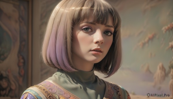 1girl,solo,looking at viewer,short hair,bangs,blonde hair,brown hair,green eyes,upper body,multicolored hair,outdoors,parted lips,teeth,blunt bangs,blurry,lips,grey eyes,depth of field,blurry background,turtleneck,bob cut,portrait,freckles,realistic,nose,day,eyelashes,sunlight