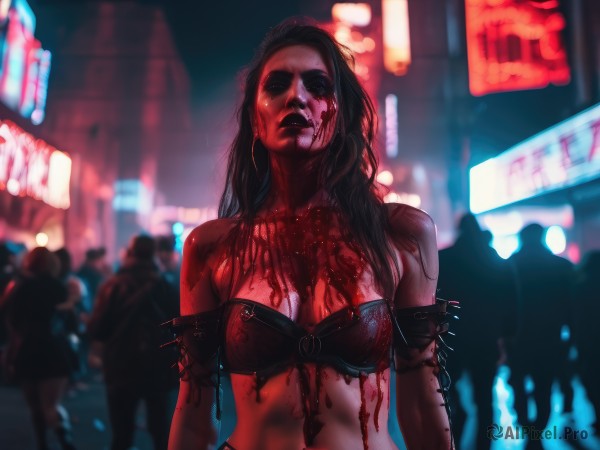 1girl,long hair,breasts,black hair,cleavage,bare shoulders,medium breasts,underwear,upper body,bikini,outdoors,multiple boys,solo focus,bra,blurry,lips,blood,night,blurry background,armlet,blood on face,city,realistic,blood on clothes,crowd,death,neon lights,solo,o-ring,injury