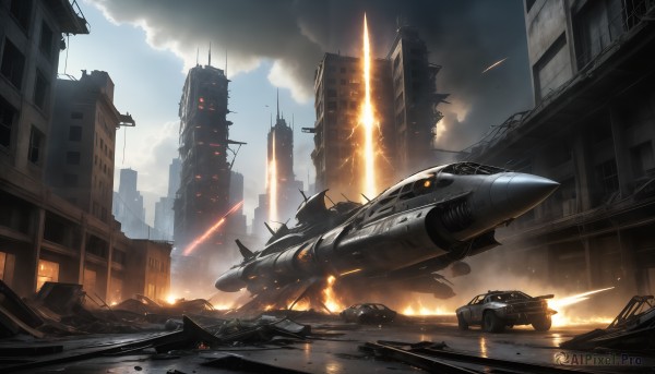 HQ,outdoors,sky,cloud,signature,military,no humans,fire,ground vehicle,building,scenery,motor vehicle,smoke,science fiction,city,realistic,aircraft,military vehicle,car,airplane,battle,explosion,ruins,vehicle focus,damaged,skyscraper,contrail,debris,jet,destruction,fighter jet,day,flying,missile