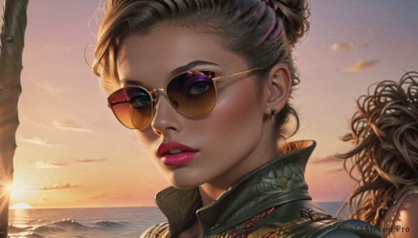 1girl,solo,long hair,looking at viewer,blue eyes,multiple girls,blonde hair,brown hair,2girls,jewelry,earrings,outdoors,parted lips,sky,glasses,teeth,solo focus,cloud,dark skin,water,hair bun,tree,lips,makeup,ocean,beach,piercing,sunlight,single hair bun,sunglasses,lipstick,portrait,lens flare,reflection,curly hair,sunset,realistic,nose,round eyewear,palm tree,sun,red lips,tinted eyewear,looking over eyewear,aviator sunglasses,black hair,eyelashes,close-up,eyeshadow,backlighting,sunrise