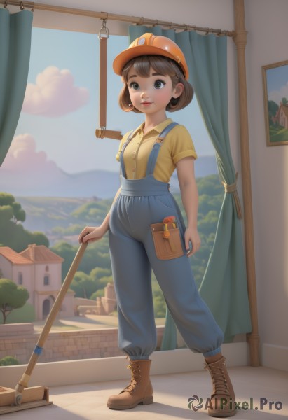 1girl,solo,smile,short hair,bangs,brown hair,shirt,hat,holding,brown eyes,standing,full body,short sleeves,boots,outdoors,parted lips,sky,day,collared shirt,pants,cloud,indoors,tree,blue sky,lips,window,brown footwear,suspenders,helmet,curtains,child,cross-laced footwear,broom,yellow shirt,female child,overalls,looking at viewer,building