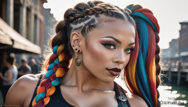 1girl,solo,long hair,looking at viewer,brown hair,black hair,bare shoulders,brown eyes,jewelry,blue hair,collarbone,upper body,braid,red hair,multicolored hair,earrings,outdoors,solo focus,artist name,orange hair,blurry,two-tone hair,lips,streaked hair,eyelashes,makeup,depth of field,blurry background,watermark,piercing,tank top,lipstick,portrait,web address,eyeshadow,realistic,nose,red lips,mascara,multiple braids,smile,twintails,yellow eyes,twin braids,ear piercing,forehead,dreadlocks,nose piercing,blue tank top