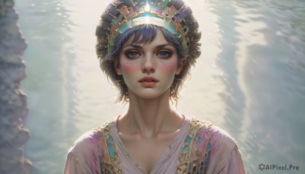 1girl,solo,breasts,looking at viewer,blush,short hair,bangs,blue eyes,shirt,black hair,cleavage,jewelry,blue hair,collarbone,upper body,parted lips,teeth,artist name,blurry,lips,eyelashes,makeup,watermark,sunlight,looking up,portrait,realistic,nose,headdress,water,facial mark,facepaint