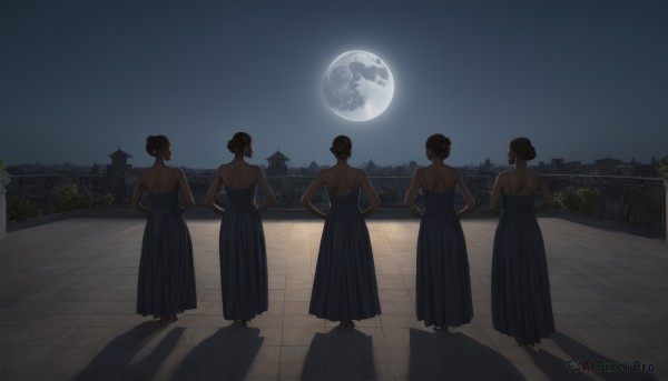 short hair,multiple girls,skirt,brown hair,black hair,standing,outdoors,japanese clothes,sky,hair bun,from behind,4girls,night,shadow,back,moon,single hair bun,5girls,building,hakama,star (sky),night sky,hakama skirt,full moon,hands on hips,long skirt,rooftop,black hakama,dress,tree,blue skirt,blue dress,scenery,moonlight