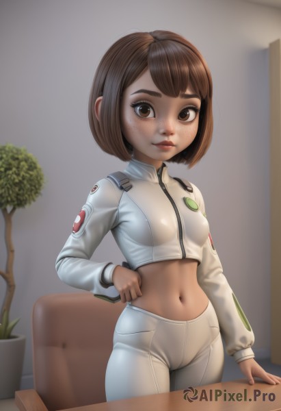 1girl,solo,breasts,looking at viewer,smile,short hair,bangs,brown hair,long sleeves,navel,brown eyes,closed mouth,standing,jacket,cowboy shot,small breasts,midriff,pants,indoors,stomach,covered nipples,lips,crop top,loli,cameltoe,table,bob cut,white jacket,thick eyebrows,plant,freckles,cropped jacket,adjusting clothes,white pants,artist name,uniform,military,military uniform,chair,zipper,nose