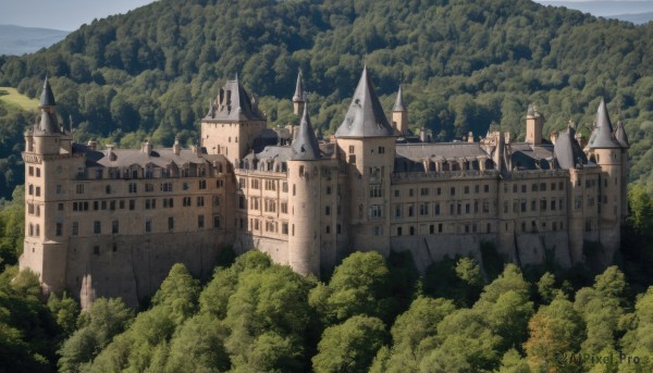 outdoors,sky,day,cloud,tree,no humans,building,nature,scenery,forest,mountain,fantasy,castle,tower,landscape