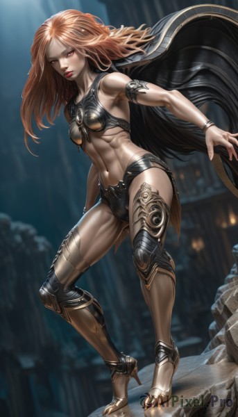 1girl,solo,long hair,breasts,looking at viewer,brown hair,red eyes,navel,jewelry,medium breasts,standing,full body,parted lips,shoes,midriff,cape,armor,blurry,high heels,bracelet,lips,muscular,blurry background,abs,armlet,toned,fantasy,bikini armor,thighhighs,red hair,boots,orange hair,makeup,lipstick