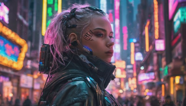 1girl, solo, blue eyes, upper body, ponytail, weapon, pink hair, dark skin, blurry, from side, dark-skinned female, lips, blurry background, science fiction, realistic, nose, cyberpunk, earpiece, neon lights