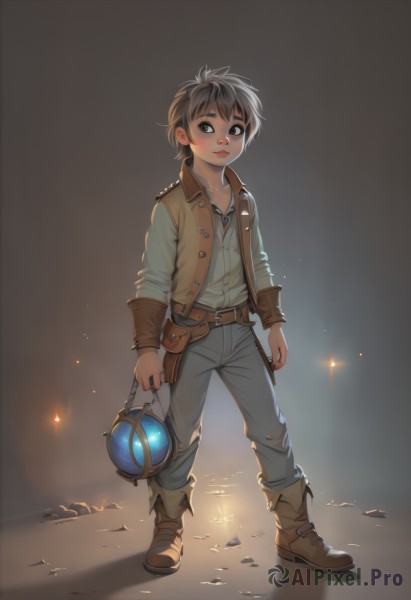 solo,looking at viewer,short hair,brown hair,shirt,long sleeves,1boy,holding,brown eyes,closed mouth,standing,jacket,full body,male focus,boots,belt,pants,vest,brown footwear,child,pouch,male child,leather,1girl,blush,collarbone,white shirt,grey hair,open clothes,artist name,black eyes,lips,looking to the side,thick eyebrows,androgynous,freckles,brown belt,belt pouch,brown vest,tomboy,leather boots