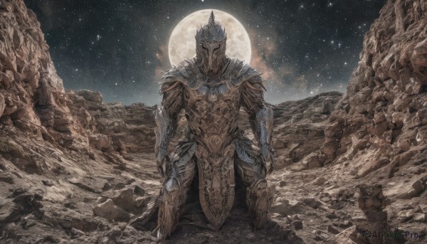 solo,1boy,standing,male focus,outdoors,sky,armor,night,moon,helmet,shoulder armor,gauntlets,star (sky),night sky,facing viewer,1other,full moon,starry sky,pauldrons,breastplate,rock,arms at sides,faulds,full armor,ambiguous gender,helm,greaves