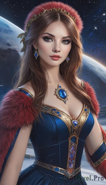 1girl,solo,long hair,breasts,looking at viewer,brown hair,hair ornament,dress,cleavage,brown eyes,jewelry,medium breasts,closed mouth,upper body,earrings,sky,necklace,lips,makeup,blue dress,feathers,gem,star (sky),starry sky,realistic,red lips,space,planet,earth (planet),blue gemstone,lipstick