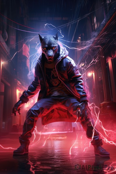 solo,looking at viewer,shirt,red eyes,long sleeves,1boy,animal ears,sitting,jacket,full body,male focus,outdoors,open clothes,shoes,teeth,pants,artist name,hood,open jacket,torn clothes,blood,night,glowing,building,glowing eyes,claws,furry,colored sclera,reflection,city,electricity,furry male,lightning,cyberpunk,alley,gloves,standing,horns,mask,fangs,watermark,sharp teeth,web address,rain,monster