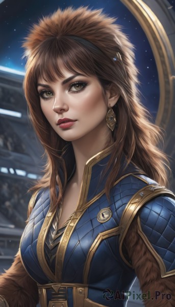 1girl,solo,long hair,breasts,looking at viewer,bangs,brown hair,cleavage,brown eyes,jewelry,medium breasts,closed mouth,upper body,hairband,earrings,signature,armor,blurry,lips,fur trim,eyelashes,makeup,thick eyebrows,black hairband,lipstick,freckles,realistic,nose,red lips,space,fur,artist name,star (sky)