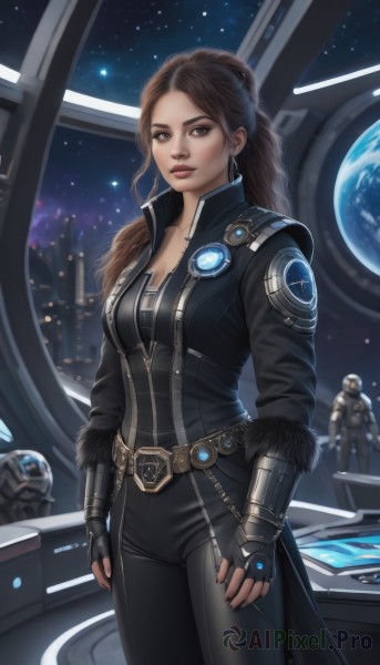 1girl,long hair,breasts,looking at viewer,smile,brown hair,gloves,1boy,cleavage,brown eyes,jewelry,medium breasts,standing,ponytail,earrings,sky,solo focus,black gloves,belt,fingerless gloves,lips,fur trim,window,bodysuit,makeup,night,helmet,star (sky),zipper,starry sky,science fiction,realistic,nose,space,leather,planet,earth (planet),spacecraft,solo,nail polish,black nails,freckles