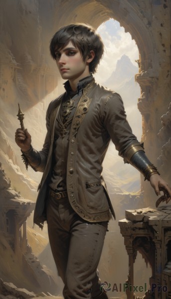 solo,looking at viewer,short hair,shirt,black hair,long sleeves,1boy,holding,brown eyes,jewelry,standing,jacket,weapon,male focus,boots,open clothes,sky,belt,pants,cloud,necklace,vest,lips,buttons,walking,realistic,nose,fantasy,bracer,ruins,pillar,blue eyes,outdoors,day,black eyes,watermark,web address,chess piece