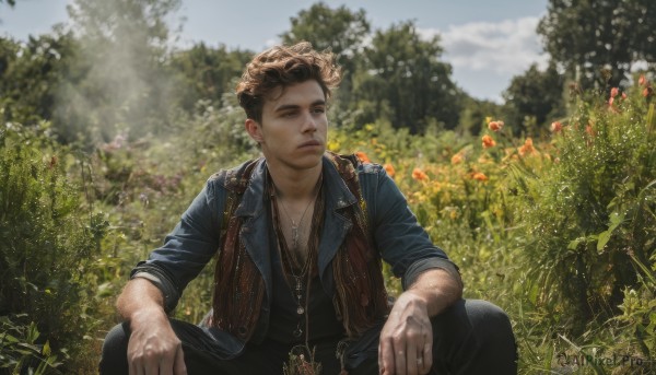 solo,looking at viewer,short hair,brown hair,shirt,black hair,1boy,brown eyes,jewelry,sitting,closed mouth,jacket,flower,male focus,outdoors,open clothes,sky,day,pants,cloud,necklace,blurry,vest,tree,looking to the side,depth of field,blurry background,black pants,squatting,ring,plant,denim,nature,sleeves rolled up,realistic,field,hands on own knees,denim jacket,blue eyes,parted lips,lips,sunlight,blue jacket,forest,jeans