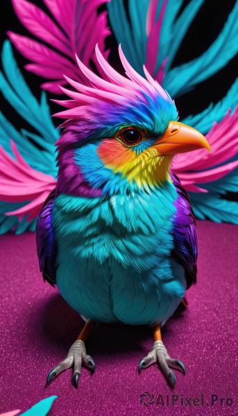 solo,looking at viewer,closed mouth,standing,full body,wings,blurry,pokemon (creature),no humans,bird,animal,feathers,purple background,realistic,animal focus,talons,beak,spread wings,blue feathers,pink background