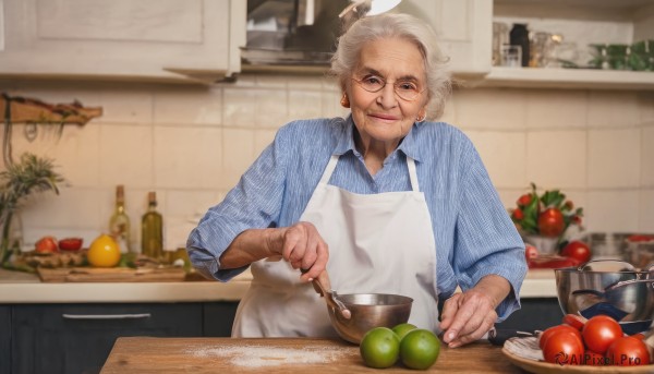 1girl,solo,looking at viewer,smile,short hair,blue eyes,shirt,long sleeves,1boy,holding,jewelry,closed mouth,upper body,weapon,white hair,grey hair,earrings,food,glasses,striped,collared shirt,indoors,blurry,apron,gun,fruit,blurry background,animal,table,single hair bun,cat,bottle,blue shirt,knife,wing collar,rifle,vertical stripes,plate,bowl,striped shirt,realistic,spoon,apple,potted plant,old,old man,cooking,vertical-striped shirt,kitchen,tomato,counter,old woman,wrinkled skin,cutting board,ladle,wine bottle,eyewear strap,onion,radish