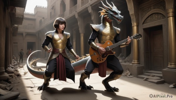 1girl,short hair,bangs,brown hair,black hair,red eyes,1boy,holding,standing,tail,boots,outdoors,multiple boys,horns,teeth,day,pants,blunt bangs,armor,shadow,bob cut,shoulder armor,building,instrument,claws,dragon horns,pauldrons,breastplate,dragon,dragon tail,guitar,vambraces,scales,ruins,playing instrument,pillar,rubble,realistic,music,bracer,shoulder pads,statue