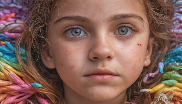 1girl,solo,long hair,looking at viewer,blue eyes,blonde hair,brown hair,brown eyes,closed mouth,blurry,lips,eyelashes,blood,expressionless,portrait,close-up,freckles,realistic,nose,eye focus,short hair,flower,leaf