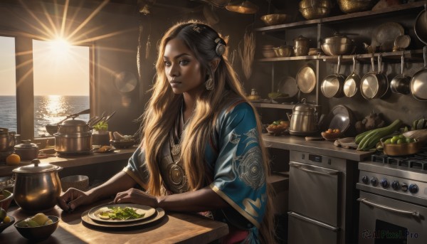 1girl,solo,long hair,blue eyes,blonde hair,hair ornament,holding,jewelry,very long hair,earrings,food,pointy ears,indoors,water,necklace,cup,lips,fruit,ocean,table,sunlight,ring,knife,plant,plate,backlighting,bowl,chopsticks,spoon,nose,sun,carrot,cooking,ladle,kitchen,jar,vegetable,frying pan,spatula,counter,cabinet,stove,soup,kitchen knife,cutting board,onion,looking at viewer,brown hair,brown eyes,sitting,upper body,nail polish,bracelet,window,bottle,pendant,blue nails,realistic,green nails,corn