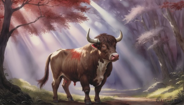 solo,blue eyes,brown hair,outdoors,horns,day,tree,no humans,blood,animal,sunlight,grass,nature,forest,light rays,realistic,sunbeam,animal focus,cow,deer,tail,leaf,chinese zodiac,year of the ox,nose piercing