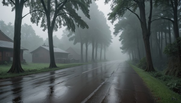 outdoors,sky,day,water,tree,no humans,sunlight,grass,building,nature,scenery,forest,reflection,road,bush,house,puddle,fog,path,cloud,window