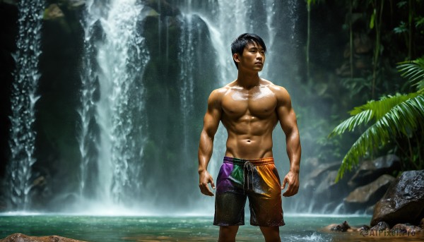 HQ,solo,short hair,black hair,1boy,navel,closed mouth,nipples,standing,male focus,outdoors,shorts,day,artist name,water,black eyes,tree,wet,muscular,watermark,abs,pectorals,plant,muscular male,nature,bara,web address,wading,forest,toned,topless male,rock,realistic,arms at sides,male swimwear,waterfall,swim trunks,dark skin,tattoo,dark-skinned male,large pectorals