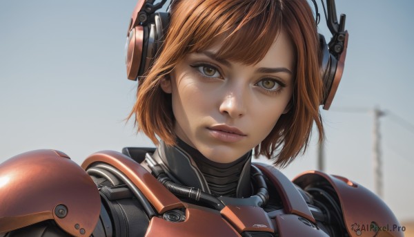 1girl,solo,looking at viewer,short hair,bangs,brown hair,brown eyes,closed mouth,upper body,outdoors,orange hair,armor,blurry,lips,eyelashes,bodysuit,blurry background,headgear,portrait,freckles,science fiction,realistic,nose,sky,headphones,close-up,power armor