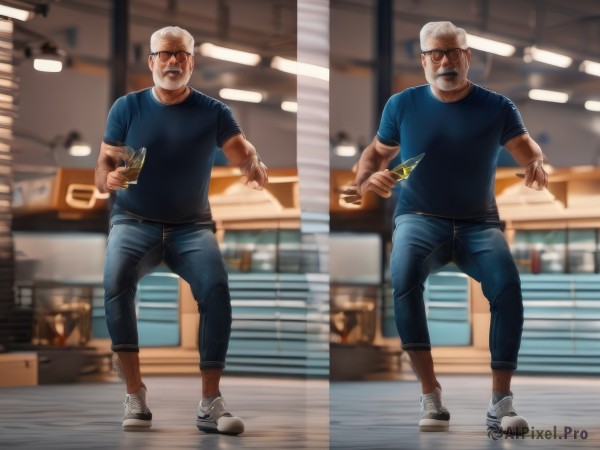 shirt,1boy,holding,standing,full body,white hair,male focus,multiple boys,shoes,pants,indoors,2boys,blurry,muscular,blurry background,facial hair,blue shirt,denim,t-shirt,sneakers,beard,meme,jeans,realistic,mustache,blue pants,bald,manly,old man,money,reference inset,photo inset,glasses,sunglasses,knife,old,capri pants,holding money