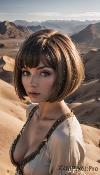 1girl,solo,breasts,looking at viewer,short hair,bangs,brown hair,shirt,black hair,hair ornament,cleavage,brown eyes,jewelry,medium breasts,closed mouth,underwear,collarbone,white shirt,upper body,short sleeves,outdoors,frills,sky,day,artist name,cloud,bra,black eyes,lips,see-through,eyelashes,bob cut,freckles,mountain,realistic,nose,sand,desert,parted lips